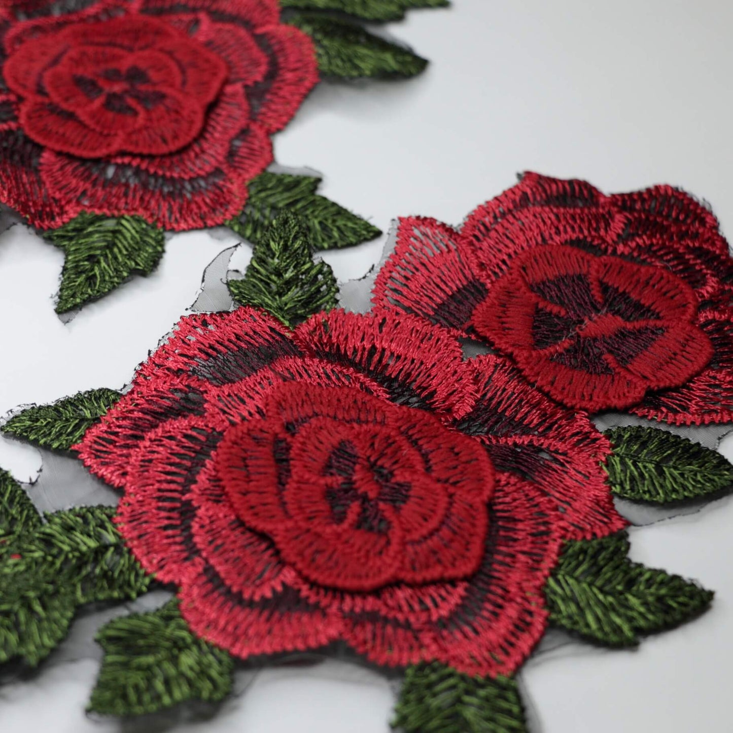 Vibrant Red Embroidered 3D Rose Flower Lace Appliques 2pk