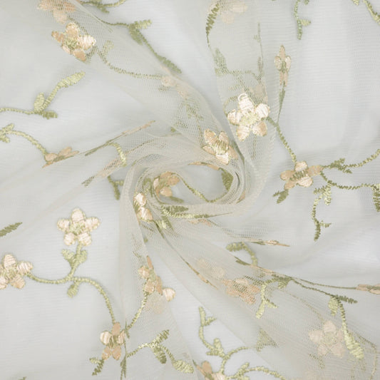 White Floral Embroidered Mesh per/metre
