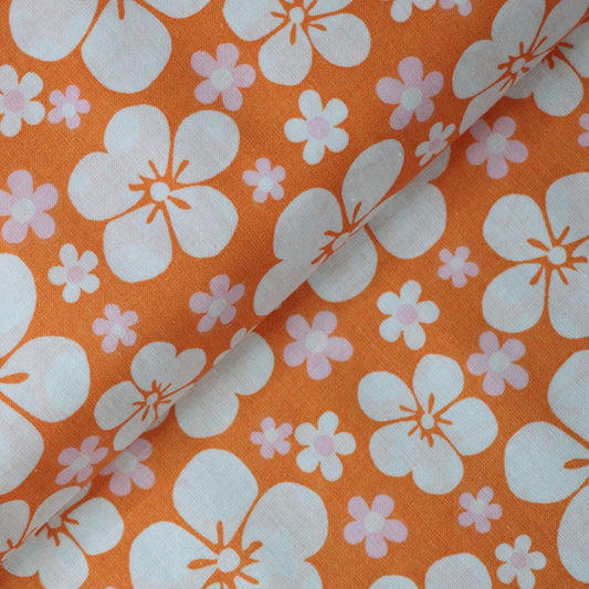 White Large Floral on Orange 100% Cotton