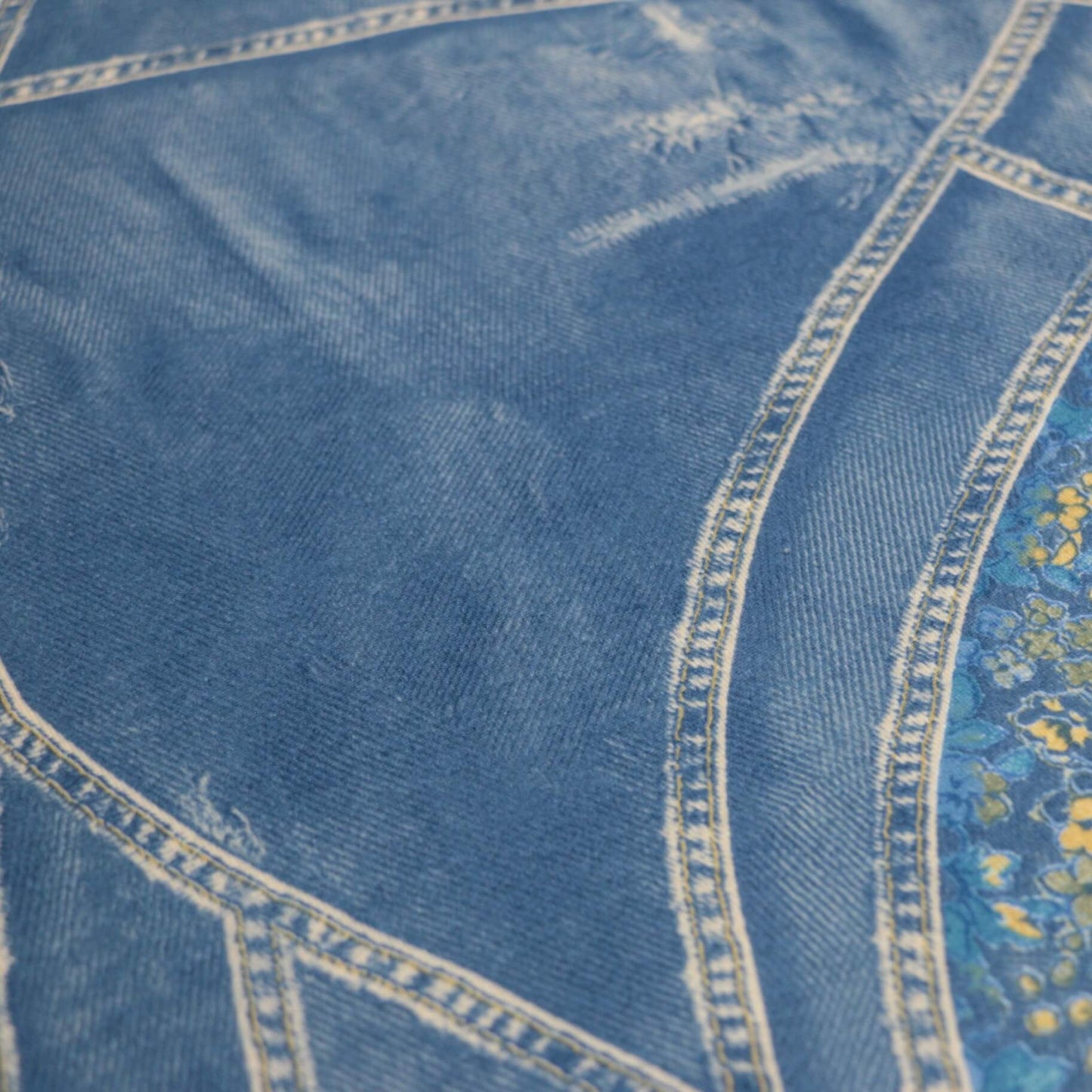 Yellow Floral Blue Denim-Look Jersey per/metre