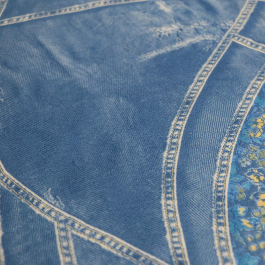 Yellow Floral Blue Denim-Look Jersey per/metre