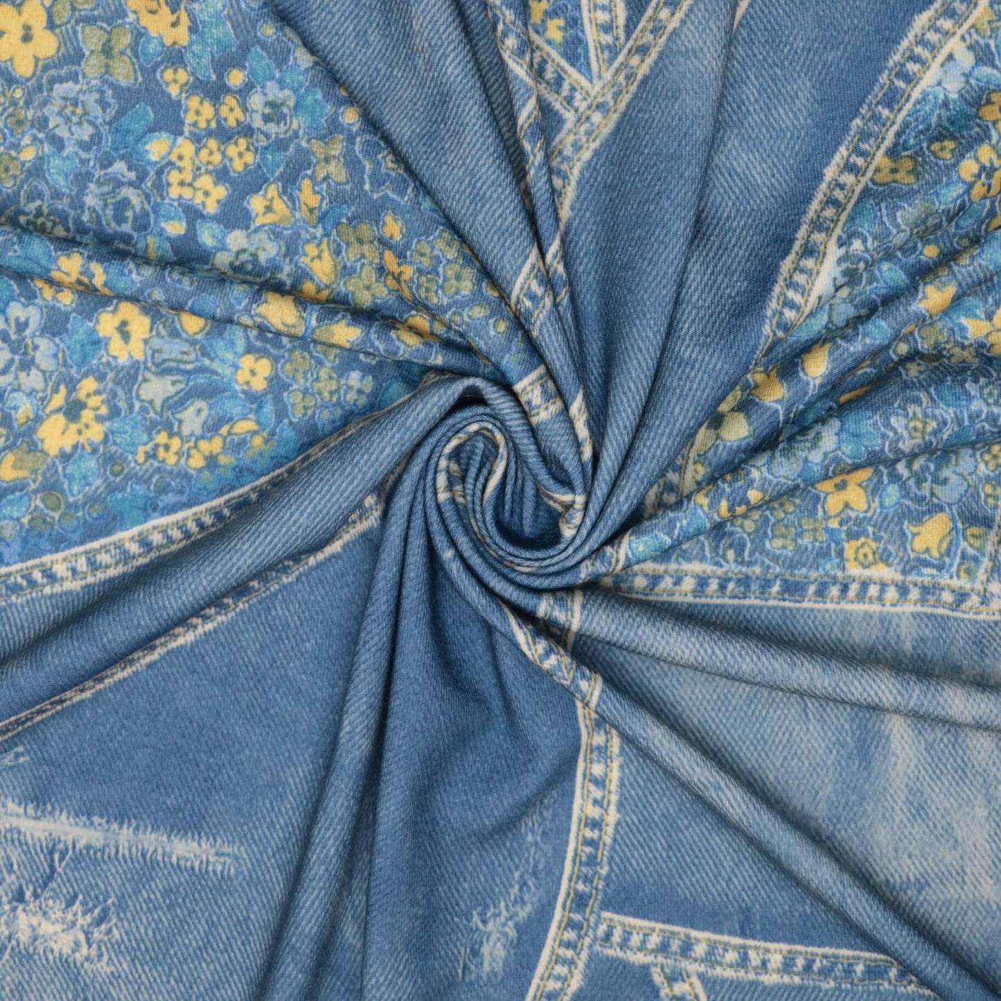 Yellow Floral Blue Denim-Look Jersey per/metre