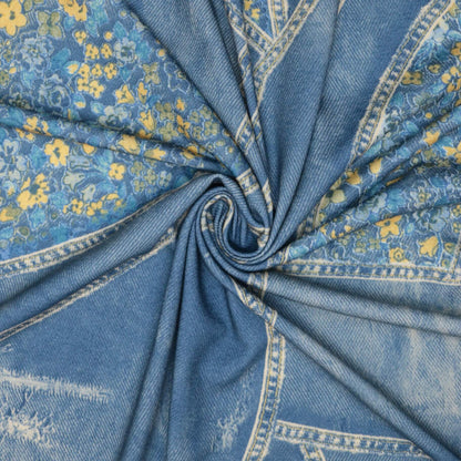 Yellow Floral Blue Denim-Look Jersey per/metre