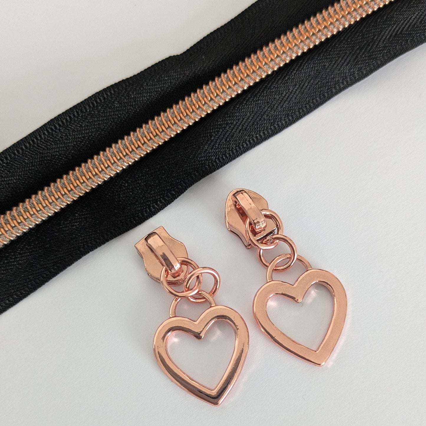 Black & Rose Gold 1m Zipper Tape & 2 Heart Pulls