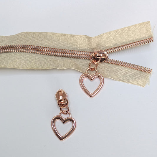 Cream & Rose Gold 1m Zipper Tape & 2 Heart Pulls #5